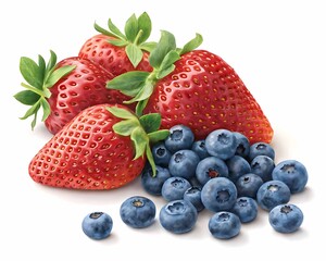 Obraz premium Fresh ripe strawberries and blueberries isolated on a clean white background
