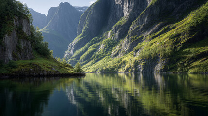 Fototapeta premium A scenic view of a calm lake surrounded by lush green mountains on a sunny day light