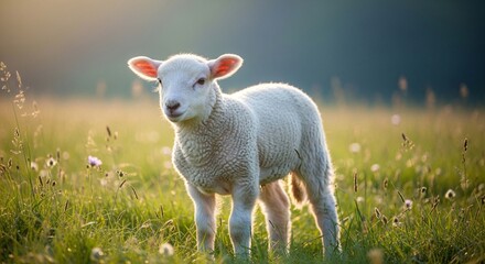 Fototapeta premium A fluffy white lamb stands in a grassy meadow, bathed in the warm glow of sunlight.