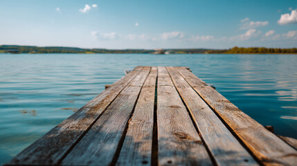 Fototapeta premium A wooden dock extending over calm blue water under a bright sky with fluffy clouds