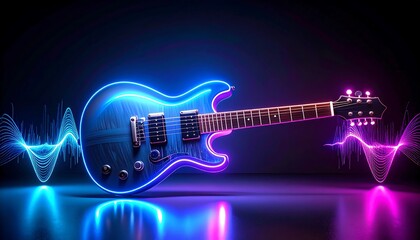 Neon electric guitar in dark studio
