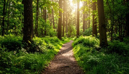 Sunlit path through lush forest