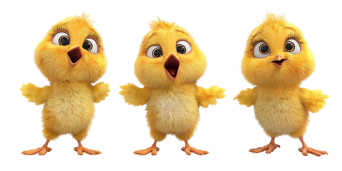 Three yellow animated chicks standing