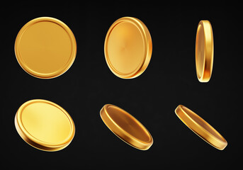 3D golden coins isolated on black background. Realistic blank yellow brass or gold coin in different views. Payment and investment, bank and finance.  A set of 3D money in different direction