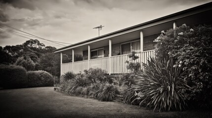 Quiet suburban single-story house with covered porch, white railings, support columns, windows, and antenna on roof, surrounded by well-maintained garden, spiky plants, shrubs,