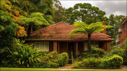 Quaint single-story brick house with reddish-brown tiled roof surrounded by lush greenery, tropical ferns, vibrant shrubs, and overcast sky, creating a serene and inviting atmosphere.