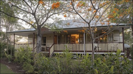 Charming single-story house with corrugated metal roof nestled in lush greenery, featuring spacious front porch, white picket railing, wooden steps, warm interior glow, vibrant orange blossoms, 