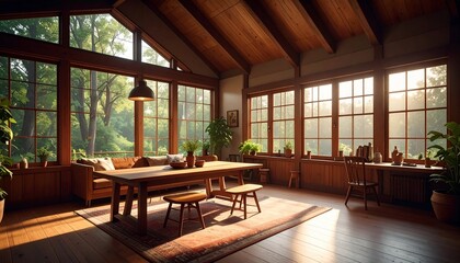 Obraz premium Sunlit Wooden Cabin Interior with Panoramic Windows