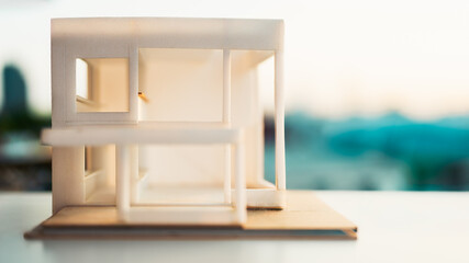 A white house made of foam sheets placed with a morning view of the village. The idea of...