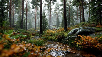 Fototapeta premium rainy day in dense pine forest with moss covered rocks and autumn foliage