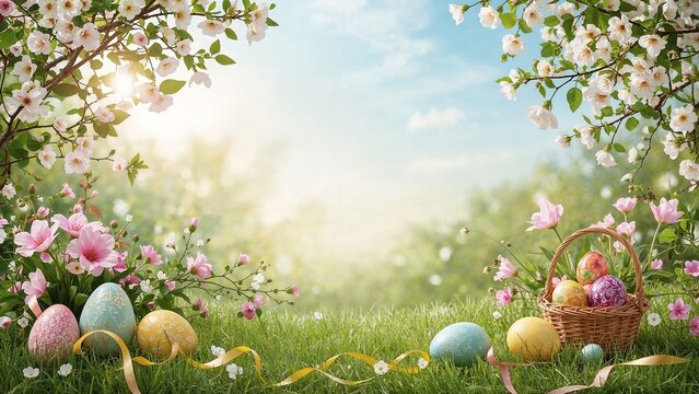 A vibrant spring panorama showcases intricately decorated Easter eggs nestled among colorful blossoms and lush green grass under a soft, ethereal sky with dancing butterflies