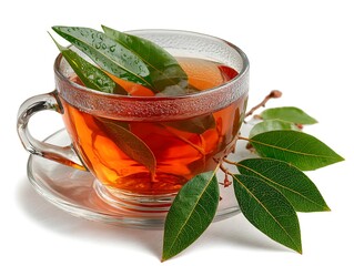 A clear glass cup filled with healthy bay leaf tea with fresh green leaves sitting on a white background.