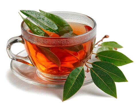A clear glass cup filled with healthy bay leaf tea with fresh green leaves sitting on a white background.