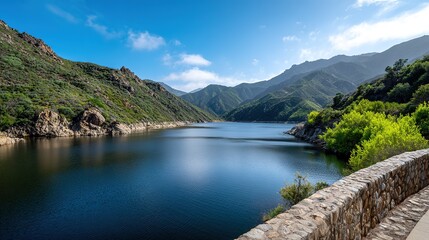 Wide angle view of  vast reservoir surrounded by lush green sun drenched mountains under  clear blue sky