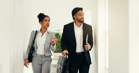 Collaboration, realtor and colleagues in house, tour or planning for showing or property...