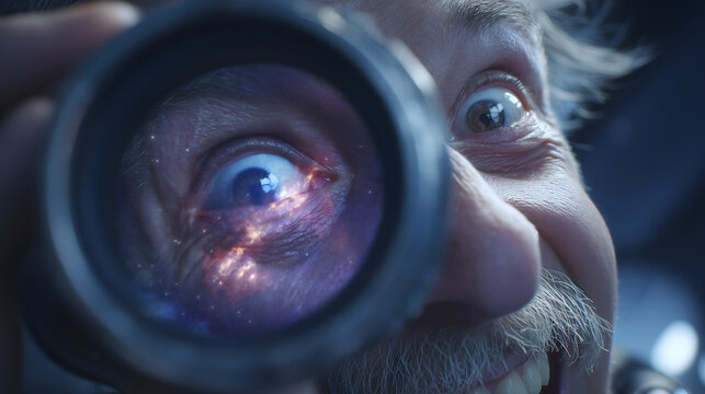 An astronomer looking through a telescope at the night sky.	An astronomer looks through the eyepiece of a large telescope, their face showing a look of wonder as they discover a new celestial object.
