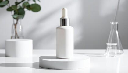 Minimal White and Silver Bottle on Backlit Platform with Surrounding Lab Glassware