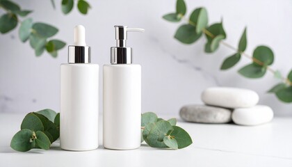 Eucalyptus-Themed Skincare Dispenser and Tube with Natural Stones, Styled for Luxury Wellness Branding

