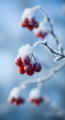 Close-up shot of frosty red berries covered in snow, with blurred blue background in a winter landscape.  Vibrant, natural scene of frozen beauty