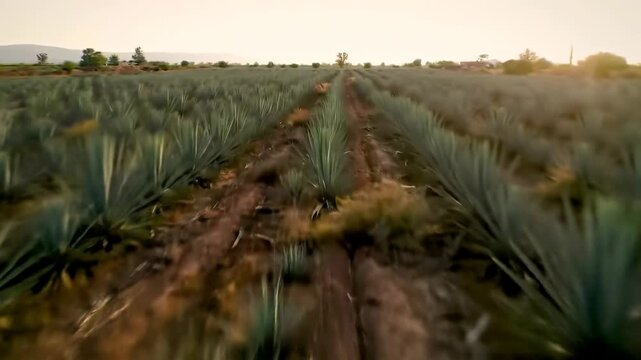 A field of agave plants at sunset