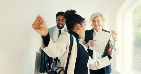 Woman, dancing and business people in hallway, happy or celebration with documents for real estate...