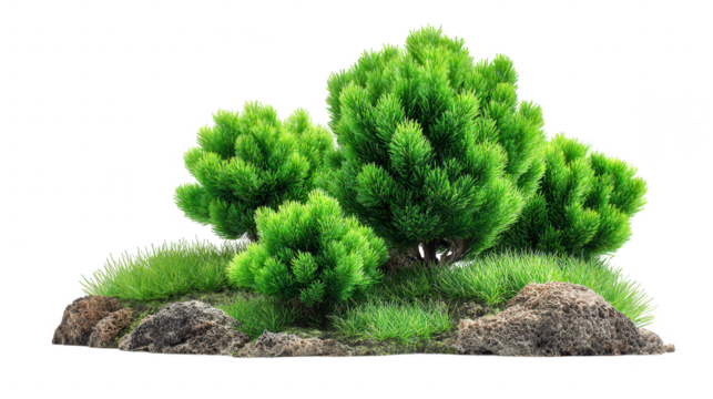 A cluster of lush green bushes and grass on rocks isolated on transparent background