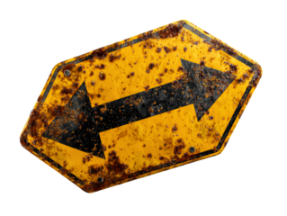 Aged Metal Yellow Right Turn Sign with Rusty Texture, Angled Perspective, Isolated on Transparent Background PNG