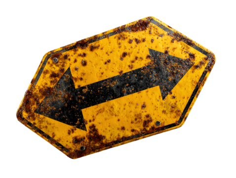 Aged Metal Yellow Right Turn Sign with Rusty Texture, Angled Perspective, Isolated on Transparent Background PNG