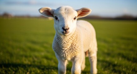 Obraz premium A fluffy white lamb in a grassy field, looking directly at the camera.