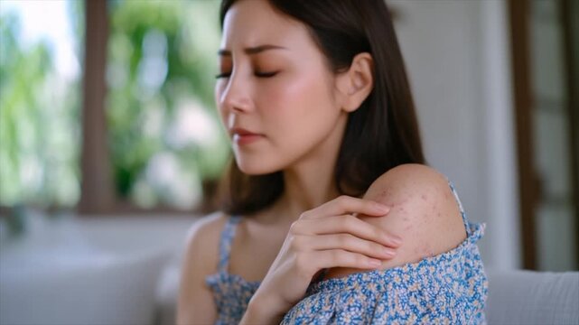 Young Asian woman suffering from itchy skin on her upper arm at home