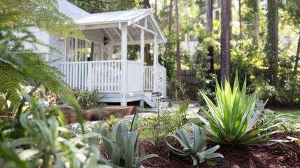 Charming white wooden cabin nestled in lush green landscape with cozy porch, black lantern, verdant plants, ferns, agave, and dappled light filtering through dense foliage.