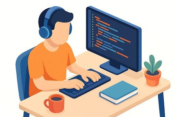Naklejka premium Isometric illustration of a person coding, wearing headphones, focus on work, and a focused mood.
