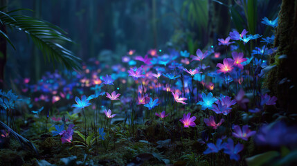 Vibrant flowers glow in serene forest setting.