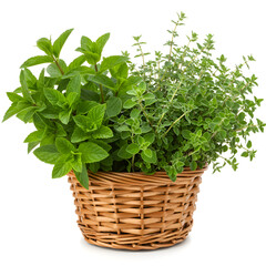 Naklejka premium Fresh herbs in a beautiful wicker basket on white background