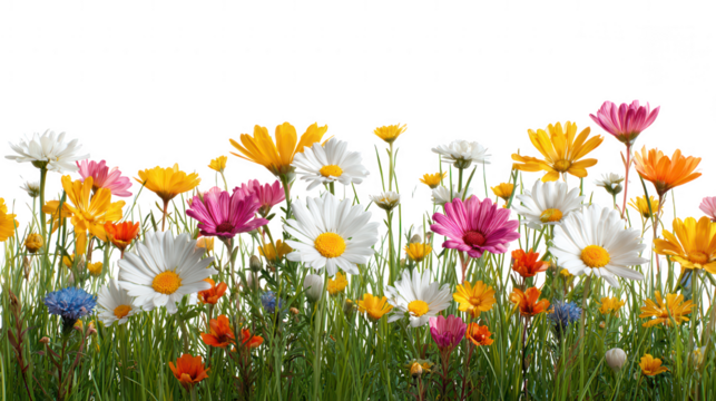 A vibrant meadow of colorful wildflowers isolated on transparent background
