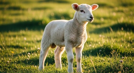 Fototapeta premium A young lamb stands gracefully in a sunlit, grassy meadow, looking alert.