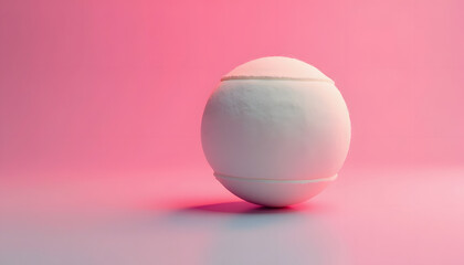 Fototapeta premium A single, pristine white tennis ball rests on a pale surface against a soft pink background.