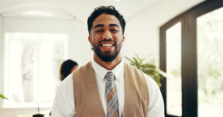 Hospitality, portrait and man at hotel reception for customer service, welcome or luxury...