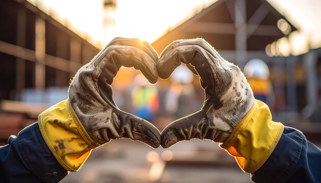 Construction worker hands forming a heart shape - Powered by Adobe