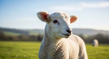Obraz premium A close-up view of a fluffy white lamb grazing peacefully in a sunlit pasture.