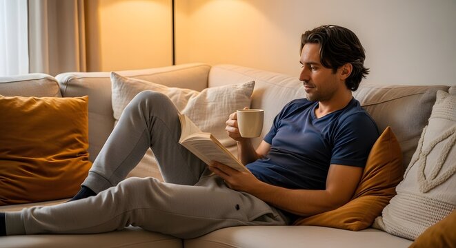 Relaxed Young Man Reading Book Sitting on Sofa in Cozy Living Room with Warm Lighting