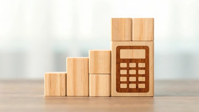 Calculator icon carved into wooden cube with chart blocks — business budget planning
