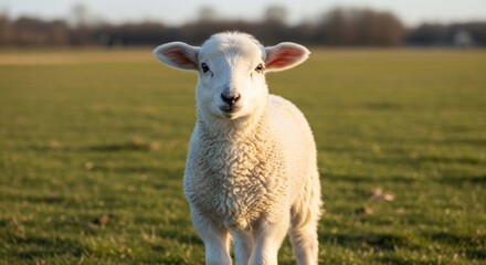 Obraz premium A fluffy, white lamb stands in a field of green grass, bathed in sunlight.