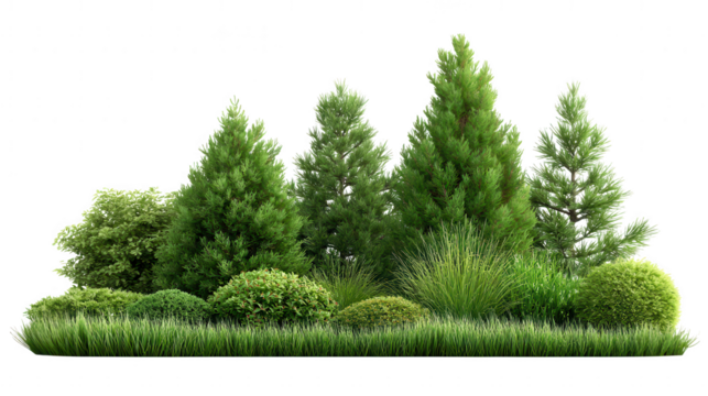 A lush arrangement of evergreen trees and shrubs isolated on transparent background