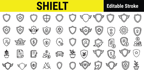 Shield Icon Set with Various Designs and Editable Stroke