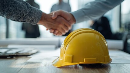 A handshake symbolizes cooperation, with a yellow hard hat in focus to represent the construction industry.