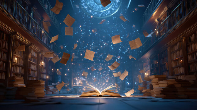 Mystical library with floating books and magic.