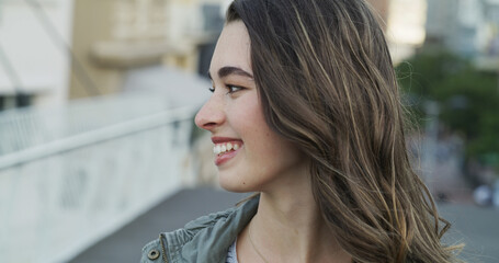 Travel, thinking and woman with smile in city for sightseeing, journey reflection and exploring...
