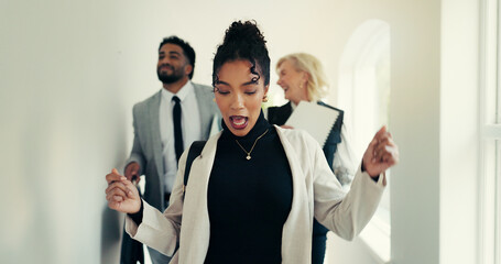 Woman, dancing and business people with team, happy or celebration with documents for real estate sale. Person, property agent and excited group with success, goals or deal for profit in corridor