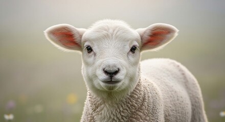 Obraz premium A curious lamb stares directly at the camera, its soft white fleece highlighted against a blurred green pasture.